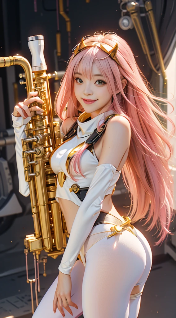 Zero Two \(Honey\), Honey, 1 Girl, rim, Selfie, Smile, bite, Black Shadow, Green Eyes, Hair on the back of the head, trumpet, long hair, cosmetic, Small Breasts, Pilot suit, White tights, Pink Hair, Red Eyeshadow, Science fiction, tight skin, Solitary