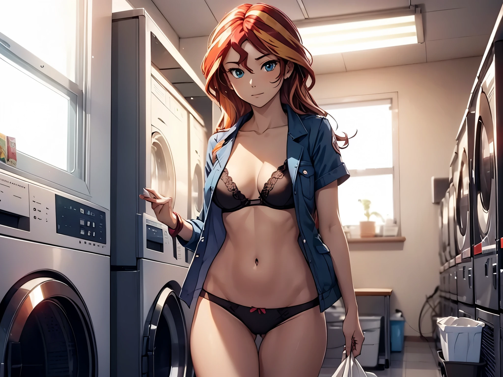 sunsethuman, female, in her underwear, in a laundromat at night, folding laundry