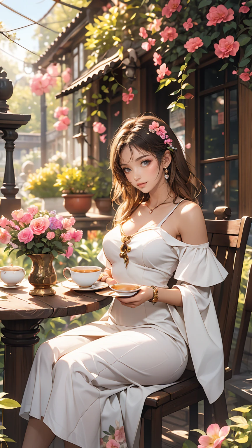 25-year-old Caucasian female、Wear an off-the-shoulder dress、smile、Nice proportions、In a garden full of colorful flowers、Sit at a table and enjoy tea time