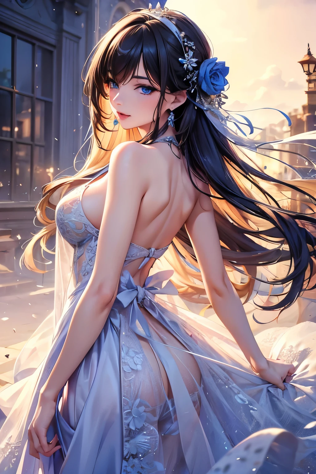 best quality, masterpiece, Ultra-high resolution, Reality, portrait, elegant adult woman, blue eyes, long hair, Side Bangs, Backless dress, See-through dress, 4K resolution, High quality CG, feminine pose, Fair, In-depth background,