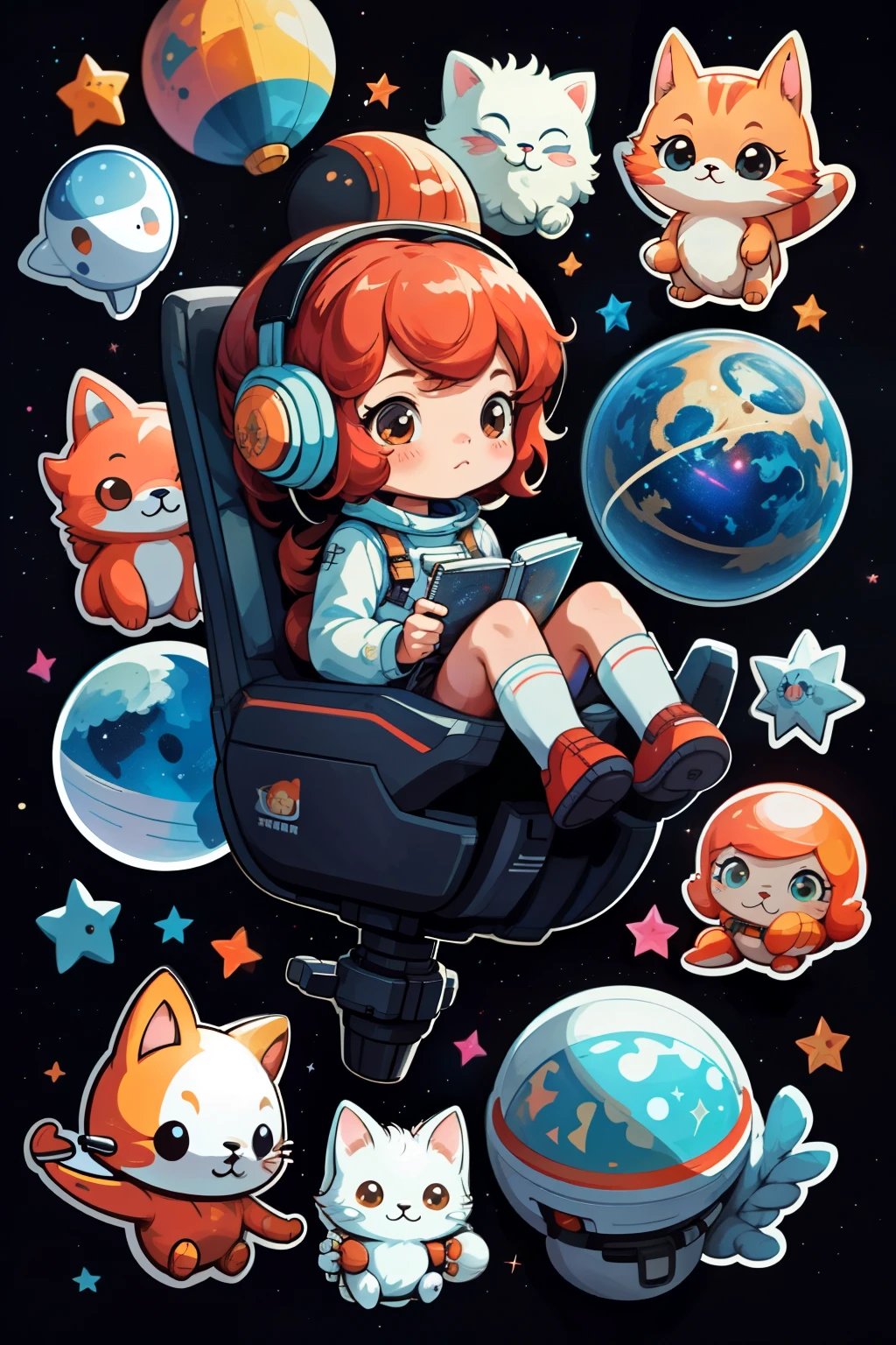 Space Exploration Scene with a Chibi Girl: A spirited chibi girl, endowed with short, vibrant red hair and adorable cat ears, is seen intricately strapped into a spacesuit, her headphones securely placed over her ears, ready for an exciting journey into the cosmos.
Amidst the backdrop of a vibrant, multicolored galaxy, various spacecrafts and satellites are visible, sparkling against the canvas of twinkling stars. The characters of this adventure are beautifully written across the spaceship window, unfolding an extraordinary tale.
As the spaceship soars through space, the scene takes on a formulaic yet captivating beauty,