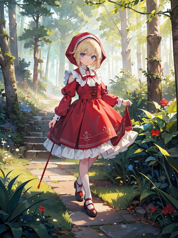 masterpiece, highest quality, Very detailed, 16k, Ultra-high resolution, 12 year old girl, Little Red Riding Hood, Detailed face, blue eyes, Blonde, short hair, Red dress, White apron, Red hood on head, Woven grass basket, in the forest, During a walk