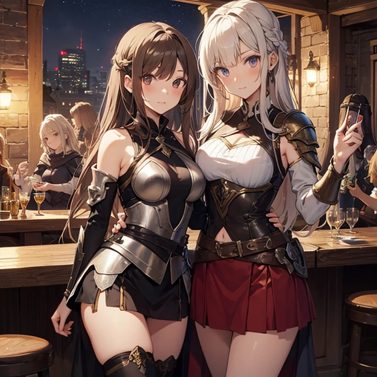 A group of  female medieval fantasy adventurers, (in tavern), various hair styles, harem, night, details face, short skirt, seducing, sleeveless, armor, armpits 