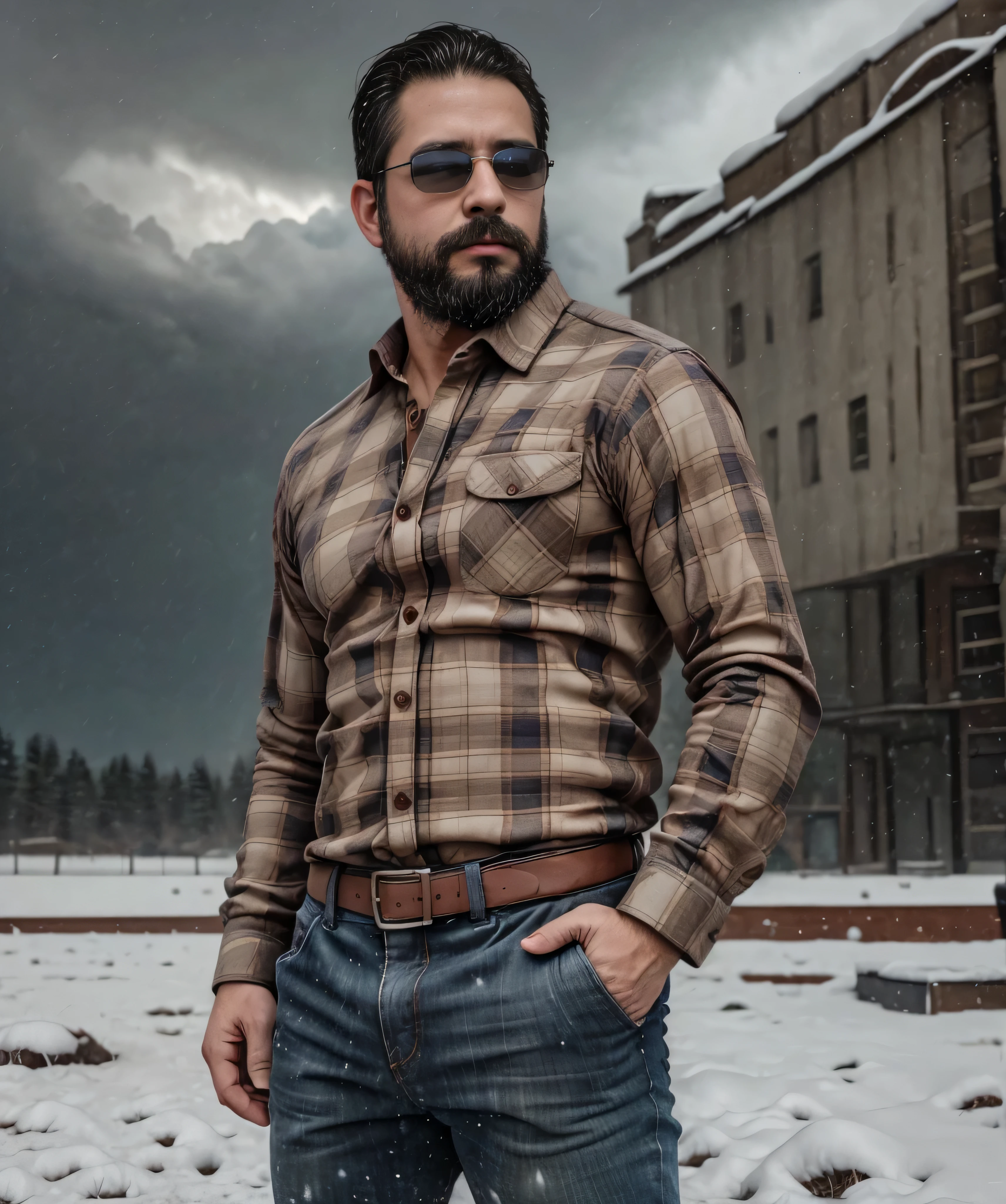 Obra maestra, desenfoque de campo, Parte superior del cuerpo, Hands in pants pockets, 38 year old man with beard and square sunglasses.. Man wearing a plaid shirt in an action movie with a snow storm in the background.