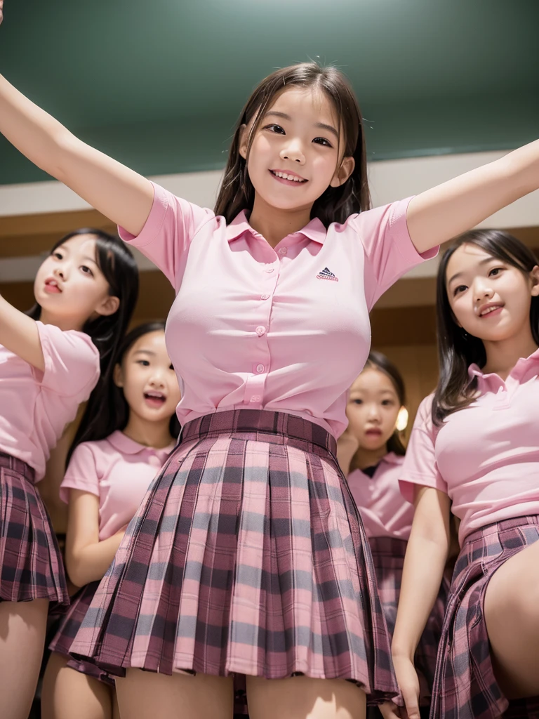 (masterpiece:1.5),(highest quality:1.5),(Highest quality:1.5),(8K:1.5),A group of elementary school girls wearing very short pink plaid skirts,Young face,smile,(Big Breasts:1.2),Very tight shirt,(Angle from below:1.3)