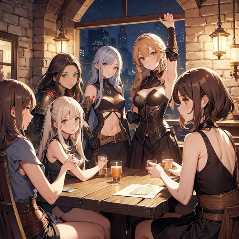 A group of  female medieval fantasy adventurers, (in tavern), various hair styles, harem, night, details face, short skirt, seducing, sleeveless, armor, armpits 
