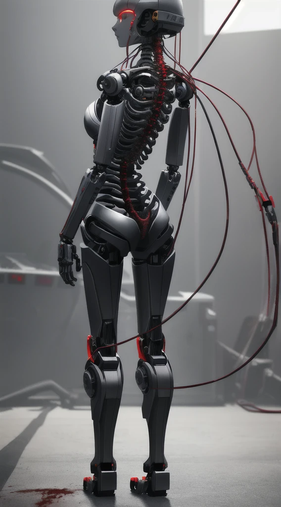 Beautiful full body photo of mechanical girl/Android((Ultra-realistic details)), illumination, shadow and light, Octane Rendering, 8K, Extremely sharp,metal,Wheels within wheels, Accessory details, Cool colors, Babylonian Theme, highly Wheels within wheels details, Realistic lighting, Popular on artstation, Glowing eyes, Facing the camera, Neon details, Mechanical limbs,Blood vessels connected to the tubes,A mechanical vertebrae attached to the back,Mechanical cervical fixator,Wires and cables to the head, Depth of field/2.8