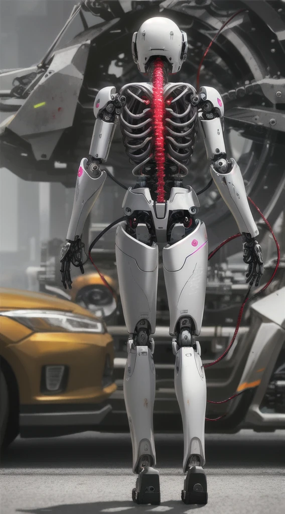 Beautiful full body photo of mechanical girl/Android((Ultra-realistic details)), illumination, shadow and light, Octane Rendering, 8K, Extremely sharp,metal,Wheels within wheels, Accessory details, Cool colors, Babylonian Theme, highly Wheels within wheels details, Realistic lighting, Popular on artstation, Glowing eyes, Facing the camera, Neon details, Mechanical limbs,Blood vessels connected to the tubes,A mechanical vertebrae attached to the back,Mechanical cervical fixator,Wires and cables to the head, Depth of field/2.8