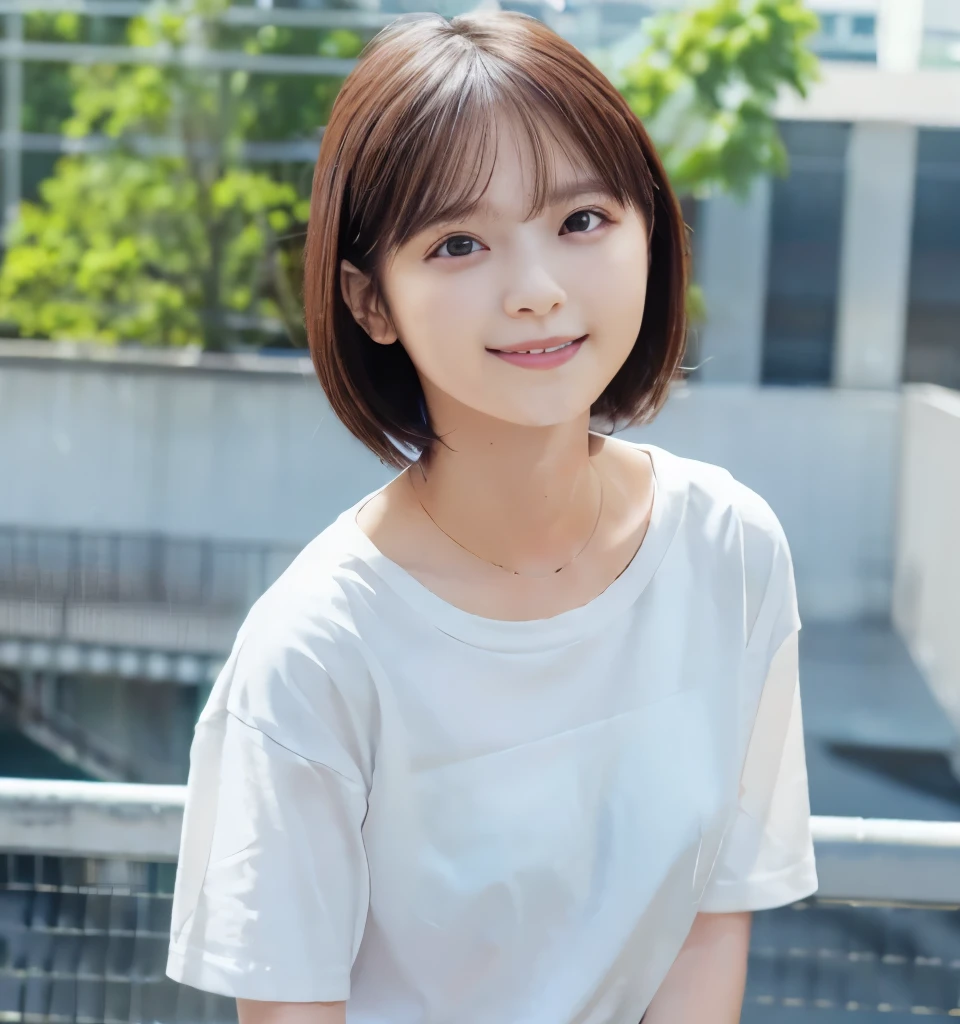 Best image quality、highest quality、masterpiece、Ultra-high resolution、8k、immature、Realistic:1.4、Professional Lighting、Cute school girl、Baby Face、Very short hair、thin、Moderate size chest cup bust、smile、Me in a tight white T-shirt、Wearing blue training pants、Standing in the gymnasium