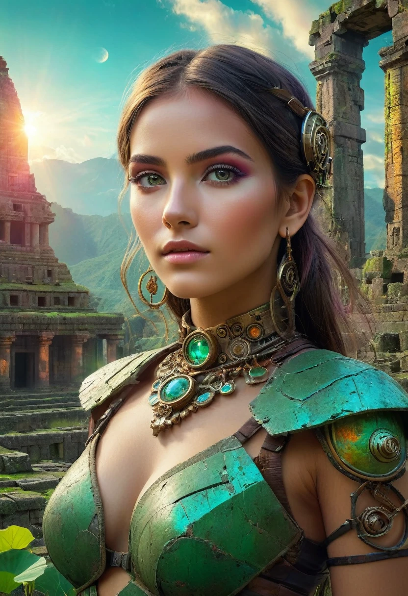 (best quality,4k,8K,High resolution,masterpiece:1.2),Extremely detailed,Practical:1.37,A beautiful girl standing among the ruins of the Inca Empire,insert,Metal body,glowing cybernetics,Beautiful facial features,Mysterious eyes,Cybernetic enhancement,Ethereal exterior, Old stone building,Stones and vines covered with green moss,Delicate lotus,Steampunk elements,Fusion of ancient technology and future technology,The bright colors contrast with the weathered ruins,Her eyes were filled with determination.,Holding a holographic map，Uncover the secrets of a lost civilization,Artistic portrait with surreal elements,The soft lighting creates a dreamy atmosphere,Colorful sunrise paints the sky orange and pink,Scattered artifacts hint at a forgotten past.