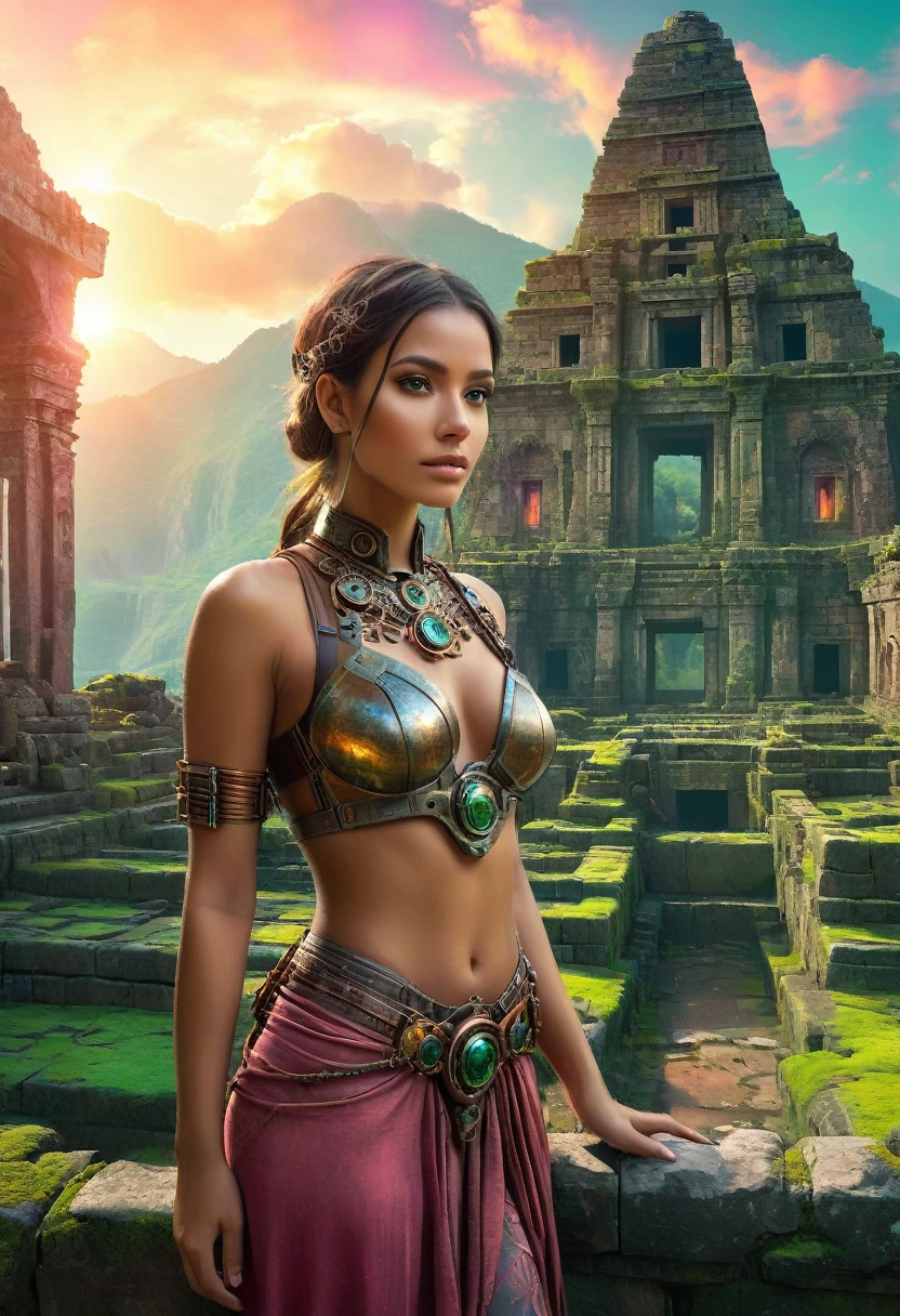 (best quality,4k,8K,High resolution,masterpiece:1.2),Extremely detailed,Practical:1.37,A beautiful girl standing among the ruins of the Inca Empire,insert,Metal body,glowing cybernetics,Beautiful facial features,Mysterious eyes,Cybernetic enhancement,Ethereal exterior, Old stone building,Stones and vines covered with green moss,Delicate lotus,Steampunk elements,Fusion of ancient technology and future technology,The bright colors contrast with the weathered ruins,Her eyes were filled with determination.,Holding a holographic map，Uncover the secrets of a lost civilization,Artistic portrait with surreal elements,The soft lighting creates a dreamy atmosphere,Colorful sunrise paints the sky orange and pink,Scattered artifacts hint at a forgotten past.