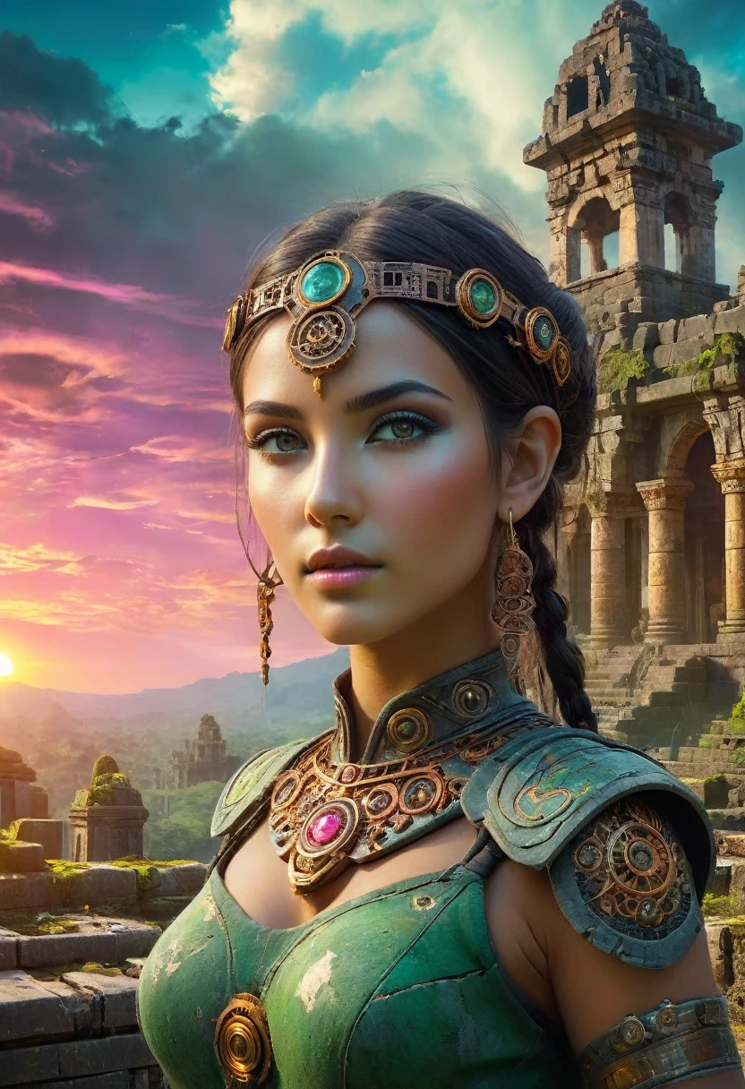 (best quality,4k,8K,High resolution,masterpiece:1.2),Extremely detailed,Practical:1.37,A beautiful girl standing among the ruins of the Inca Empire,insert,Metal body,glowing cybernetics,Beautiful facial features,Mysterious eyes,Cybernetic enhancement,Ethereal exterior, Old stone building,Stones and vines covered with green moss,Delicate lotus,Steampunk elements,Fusion of ancient technology and future technology,The bright colors contrast with the weathered ruins,Her eyes were filled with determination.,Holding a holographic map，Uncover the secrets of a lost civilization,Artistic portrait with surreal elements,The soft lighting creates a dreamy atmosphere,Colorful sunrise paints the sky orange and pink,Scattered artifacts hint at a forgotten past.