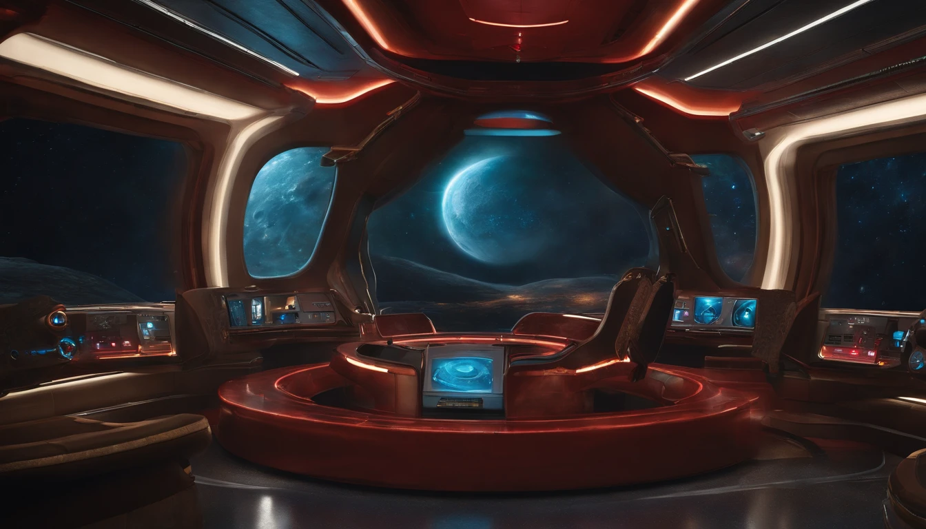 A breathtaking, hyperrealist masterpiece that seamlessly blends the artistic styles of H.G.Wells, Issac Asimov, and Steampunk. The focal point is an extraordinary, futuristic sci-fi portrait of an immense starship, with neon gold and ruby red as its primary colors, creating a striking contrast against the vastness of space.Starship UPA Vagark NDD 1825 out a of hard glass +dark gold+ aquamarine.The glass & metal ring is a 432' long and 24 in diameter.There is a saucer section that is 72' high by 288' long by 144'wide,&it goes beyond the ring by 60° to the front of the Starship.Put 2 nacels@ 75° above the back of the Starship.A striking digital illustration of the interior of a massive spaceship with a grey exterior, illuminated by blue neon light fixtures. Intricate levels and rooms are interconnected, with workers dressed in forest green body armor attending to their duties. The background features futuristic tech and industrial design elements, including towering skyscrapers and AI figures in awe. Through the dock window, another spaceship is visible, flying just outside. The birth of the world's first functional quantum computer is masterfully depicted as a glowing, intricate structure in the foreground. The scene artfully blends photo and 3D render techniques, creating a mesmerizing and iconic portrait that incorporates dark fantasy elements. The starship's primary colors are neon gold and candy apple red, contrasting against the vastness of space and inspired by visionary styles of Jules Verne, Leonardo Da Vinci.A highly detailed, photorealist hyperdetailed, masterpiece, seamlessly blending the artistic styles of Steven Spielberg, J. Michael Straczynski, & Larry Niven.