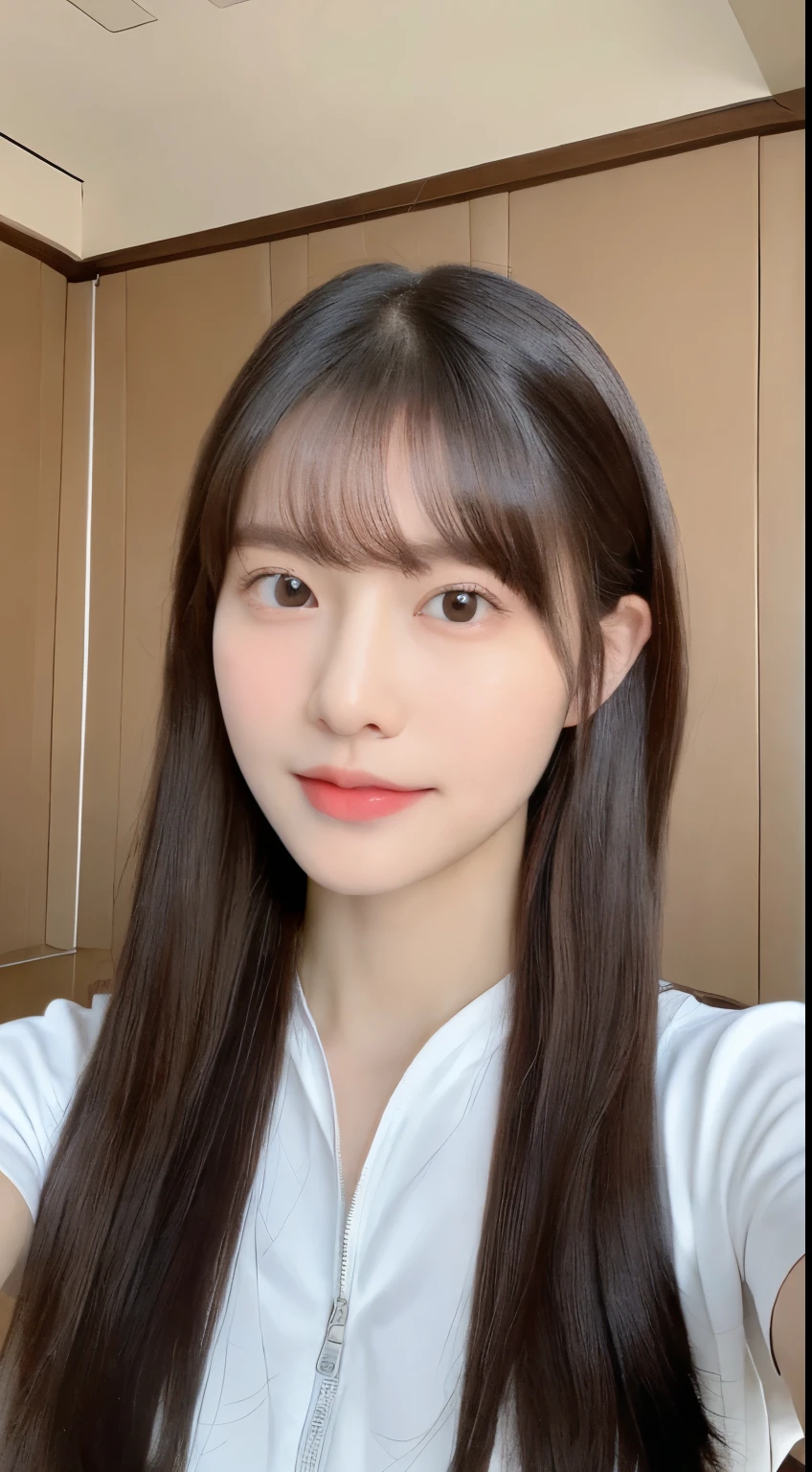 ((highest quality、8k、masterpiece:1.5))、((whole body:1.2))、18-year-old、((Beautiful healthy legs))、Beautiful thighs、One Girl、Blunt bangs、(Symmetrical face)、Ultra detailed face、Very sophisticated mouth、(Elaborate navel)、Detailed eyes、Detailed ears、Slim face、(Selfie:1.3)、(look up)、()、(Black straight long hair、Ahoge:1.3)、(Upward glance)、The background is blurred、Lip gloss、(Private room)、(Flat Chest)、(Emphasize the chest)、Sportswear