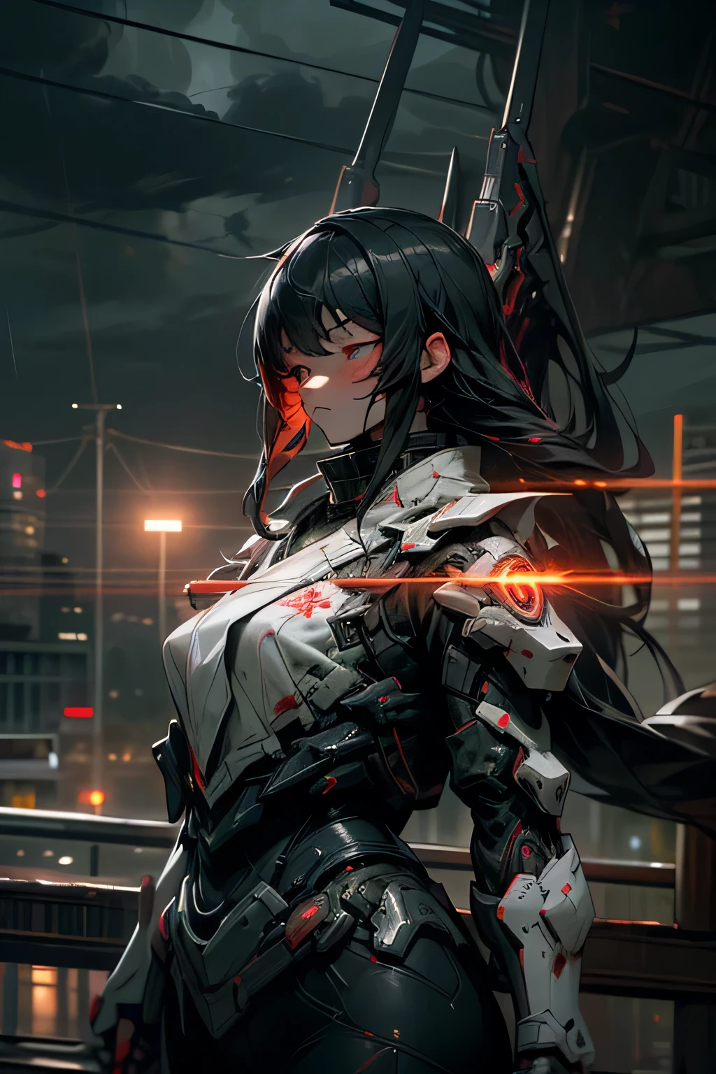 Hyūga Hinata, 1 japanese girl, WARFRAME, intricate pattern, heavy metal, energy lines, faceless, glowing eyes, elegant, intense, blood red and black uniform, solo, modern, city, streets, dark clouds, thunderstorm, heavy rain,, dramatic lighting,, (masterpiece:1.2), best quality, high resolution,   beautiful detailed, extremely detailed, perfect lighting,