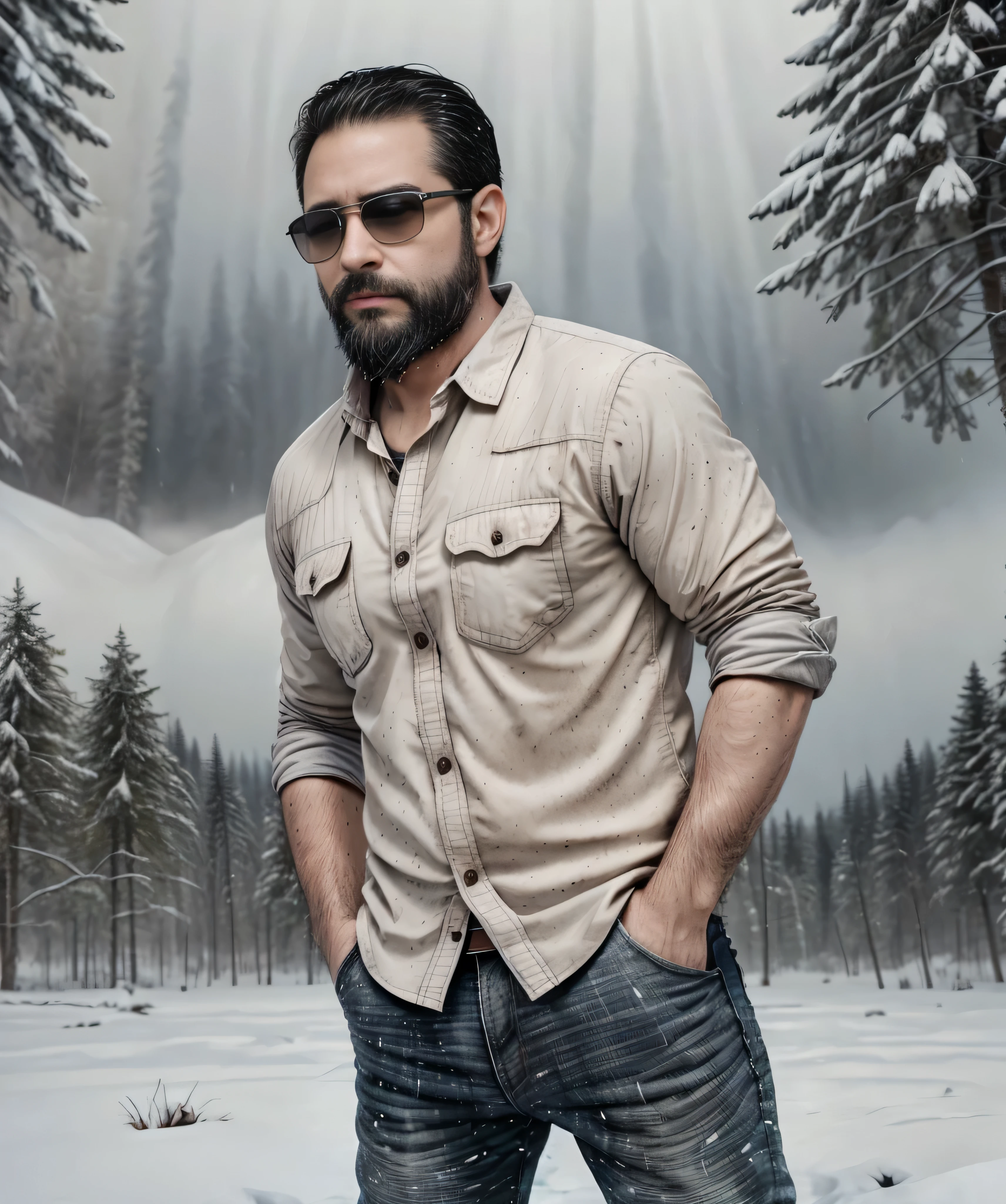 Obra maestra, desenfoque de campo, Parte superior del cuerpo, Hands in pants pockets, 38 year old man with beard and square sunglasses.. Man wearing a plaid shirt in an action movie with a snow storm in the background.