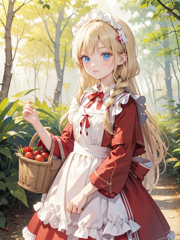 masterpiece, highest quality, Very detailed, 16k, Ultra-high resolution, 12 year old girl, Little Red Riding Hood, Detailed face, blue eyes, Blonde, Braid, Red dress, White apron, Red hood on head, Woven grass basket, Fruit in the basket, in the forest, During a walk