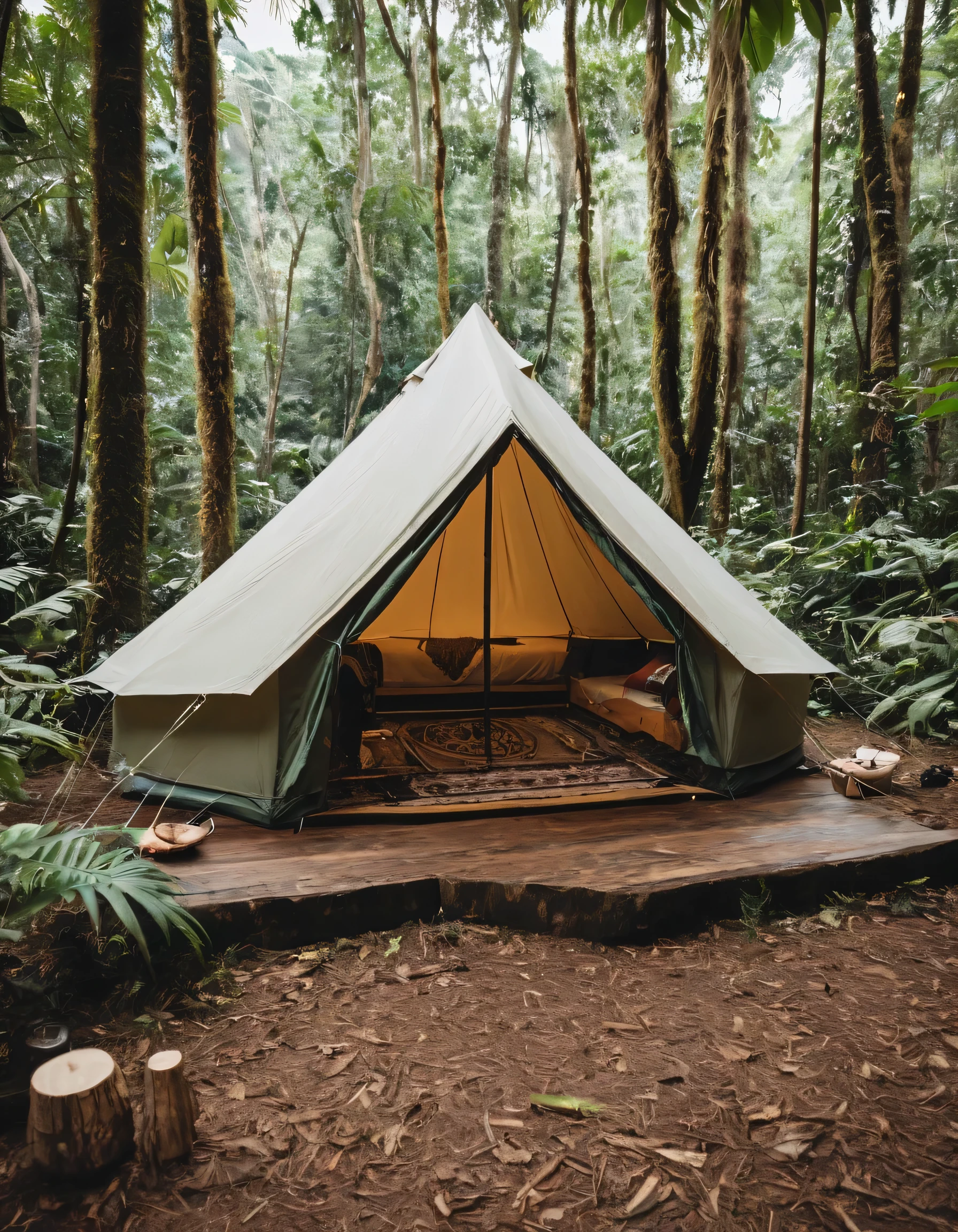 there is a tent with a bed and a table in the woods, glamping, jungle setting, tent architecture, camping, interior of a tent, outdoor, forest picnic, outdoors setting, tent, in a jungle environment, encampment, barrel fires and tents, placed in a lush forest, cozy place, by Antoine Wiertz, adventuring gear