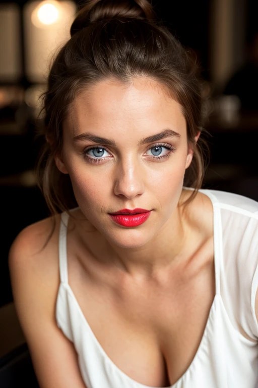 Beautiful French woman, brown hair up in a bun, wearing a white silk blouse, mouth open seductively, ample cleavage, delicate neckfront view sitting inside a modern restaurant at night, very detailed, 27 years old, natural wave hair, high-res, masterpiece, best quality, intricate details, highly detailed, sharp focus, detailed skin, realistic skin texture, texture, detailed blue eyes, red lipstick, professional, 4k, perfect fit body, extremely detailed, photo_\(ultra\), photorealistic, realistic, post-processing, maximum detail, roughness, real life, ultra realistic, photorealism, photography, 8k uhd, photography (grain of film) medium shot for closeup shot atmospheric dark lighting