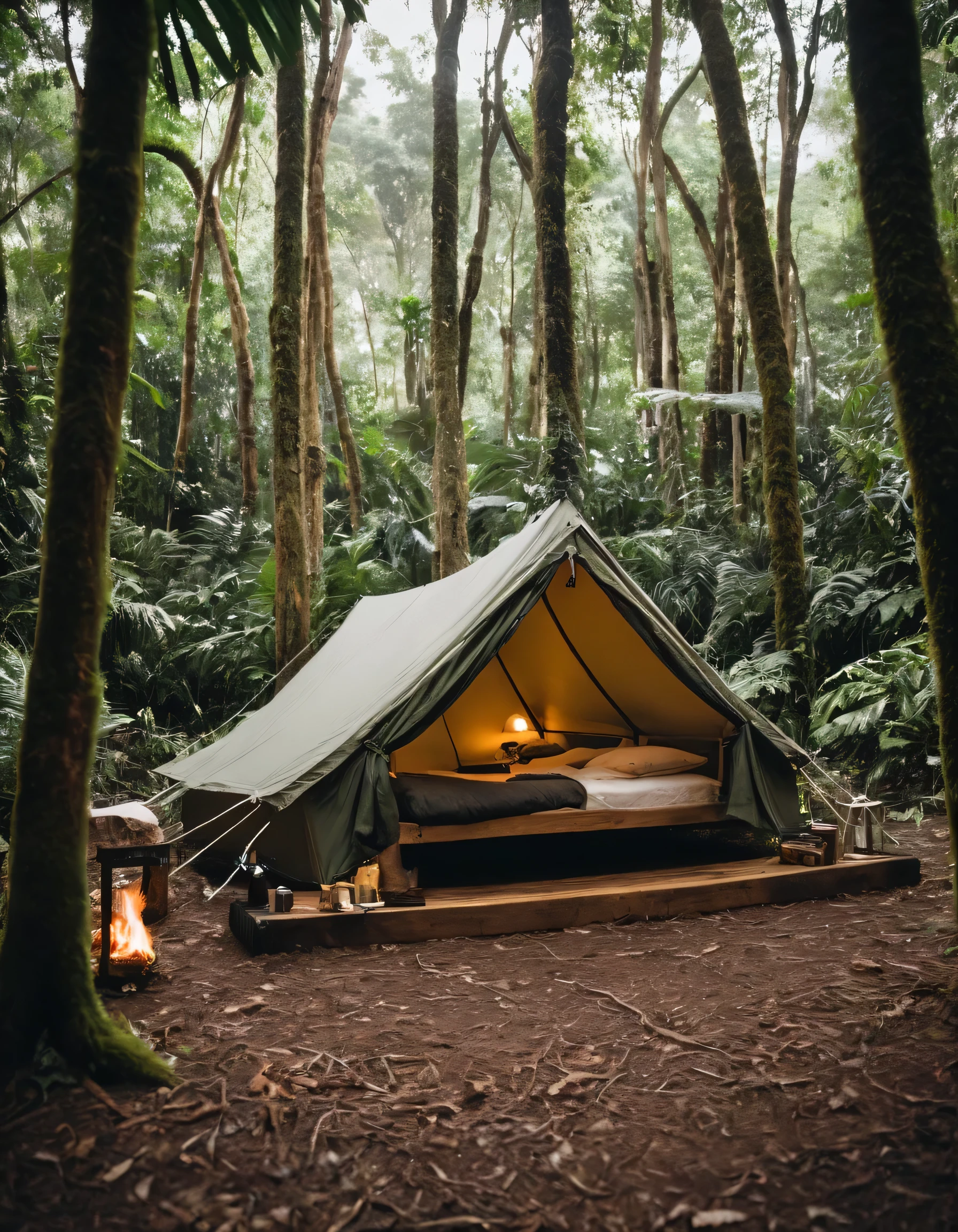 there is a tent with a bed and a table in the woods, glamping, jungle setting, tent architecture, camping, interior of a tent, outdoor, forest picnic, outdoors setting, tent, in a jungle environment, encampment, barrel fires and tents, placed in a lush forest, cozy place, by Antoine Wiertz, adventuring gear