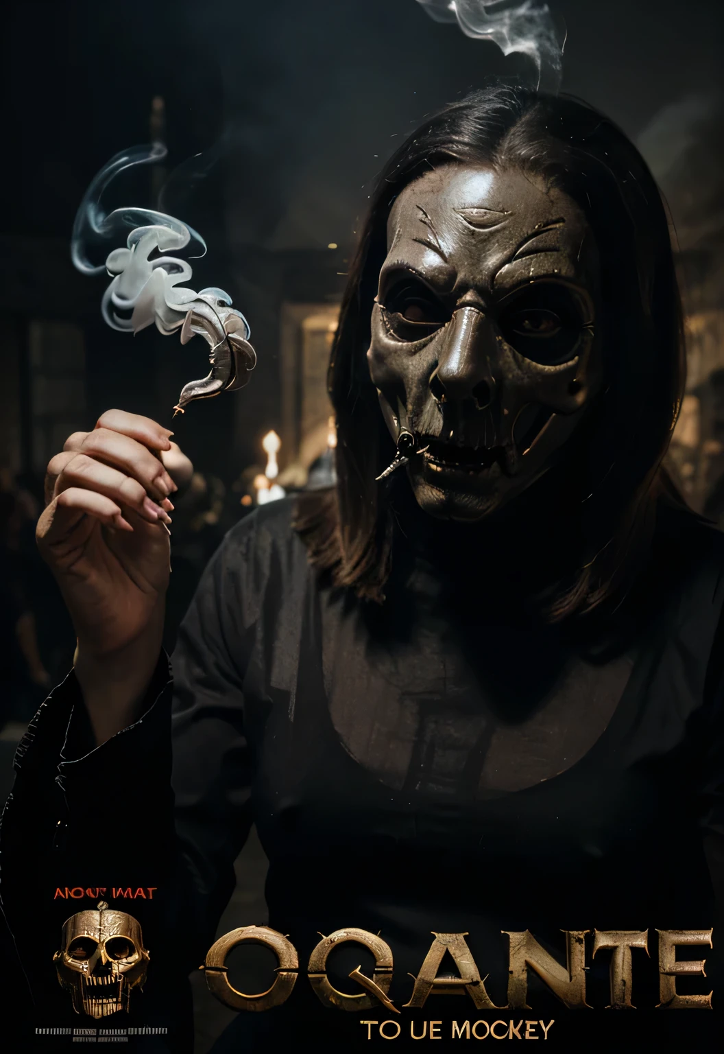 Human with creepy mask smoke party at the bassemant horror, poster film, HD, digital art 