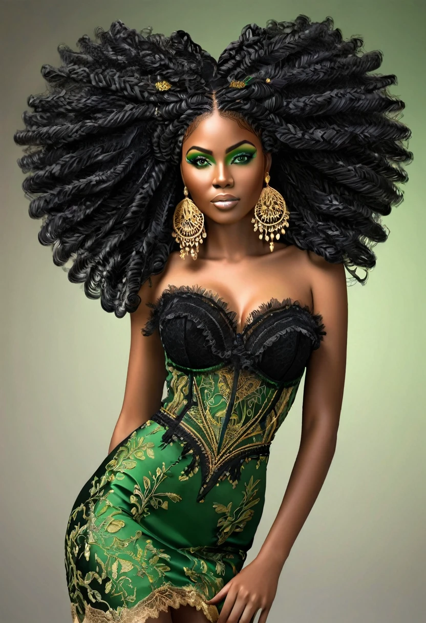 (((Femme noir africaine, peau couleur ébène noir intense et profond, peau parfaite, en mouvement,  marche, full body, intelligente, finely embroidered lace bustier))), ((best quality, extremely detailed:1.8, hyperRéaliste:1.5, photorealistic:1.5, grande profondeur de champ, vue de face, very beautiful 35 year old woman, Prise de vue en direct, low-cut bustier, fine airy lace skirt, full body and legs)), ((femme debout, she has a serious pose, very long hair, black hair with gold and shiny green highlights, quelques mèches tressées, tresses africaine, bustier, dentelles fines et délicates)), ((detailed black african woman face looking at camera, yeux verts claire électrique, cheffe d’entreprise,  feline silhouette, cheveux volant dans le vent)), (photorealistic), sharp eyes, poitrine push-up, very thin waist, jambes longues, longues jambes,  fine and detailed hands, detailed hairstyle, very long hair,  femme charismatique, charisme, charismatique, sparkling eyes, cheffe d’entreprise, engineer, intelligente, directrice, scientifique, 