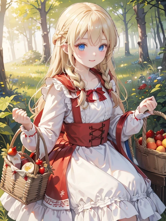 masterpiece, highest quality, Very detailed, 16k, Ultra-high resolution, girl, Little Red Riding Hood, Detailed face, blue eyes, Blonde, Braid, Red dress, White apron, (Red hood on head:1.2), Woven grass basket, Fruit in the basket, in the forest, During a walk