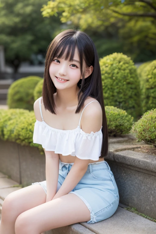 (((masterpiece))), ((highest quality)), ((Very detailed)), ((High resolution)), ((8k)), ((Anatomically correct)), One Girl, Childish, (12 year old Japan girl:1.5), No makeup, Smooth straight hair, he is short, very cute, delicate, Charming smile, Black Hair, Bright Eyes, Big Eyes, Vivid eyes, White and beautiful skin, Cute face, delicateな腕, Detailed skin texture, Intricate details, Very detailedな顔, Beautiful Eyes, View your viewers, Thin thighs, (Denim shorts), A big smile, Let your bangs down, Sit on a bench, Stretch your legs, Show the whole picture,