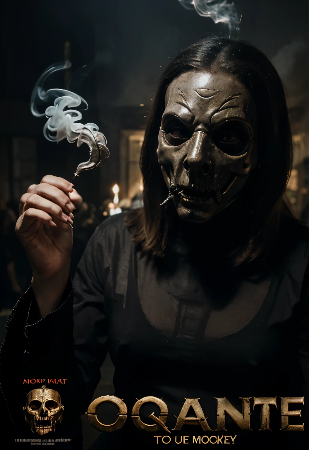 Human with creepy mask smoke party at the bassemant horror, poster film, HD, digital art