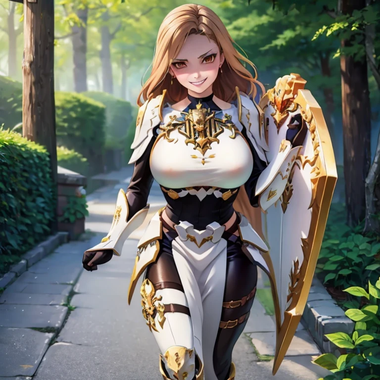 A woman in very heavy white armor with gold trim, Wearing a dark brown hunting suit, Compression, Long beige hair, Orange eyes, smile, Big Breasts, In the Forest of Illusions, Walking on a concrete sidewalk, Hold a shield,High resolution, masterpiece, well defined, Super Resolution, high quality, 8K HD. (just a woman, alone),Huge breasts, Grin、With a creepy smile, A slanted smile at the corners of the mouth,View your viewers, blush, Open your mouth,Place your hands on your chest
