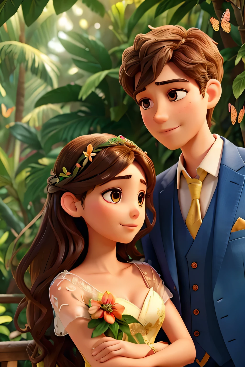 a beautiful young couple in a lush tropical garden, romantic summer date, detailed facial features, delicate skin, flowing hair, elegant dress and suit, warm lighting, colorful flowers, butterflies, dreamlike atmosphere, photorealistic, intricate details, vibrant colors, masterpiece, high quality