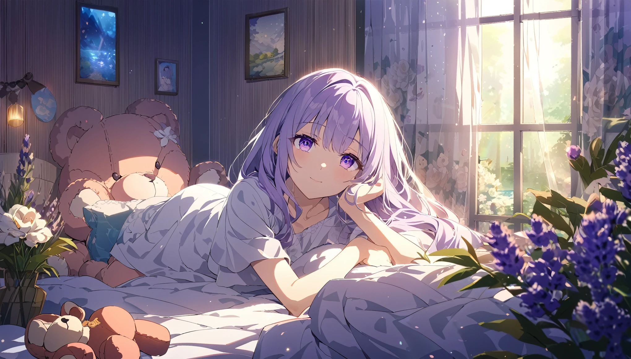 highest quality,Girl with long lavender hair,Purple eyes,A kind smile,Tired eyes,Gentle expression,Quiet environment,Calm atmosphere,,Anime Style,Lucid dream lighting,Cozy bedroom,Soft sunlight pours in,Flowing curtains,Floral Wallpaper,stuffed toy,Fragrant flowers,Sunlight streaming through the window,Dreamy landscape poster,Quiet atmosphere,Lonely Teddy Bear,