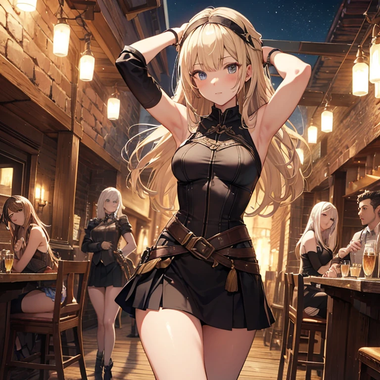A group of female medieval fantasy adventurers, (in tavern), various hair styles, harem, night, details face, short skirt, seducing, sleeveless, armor, armpits