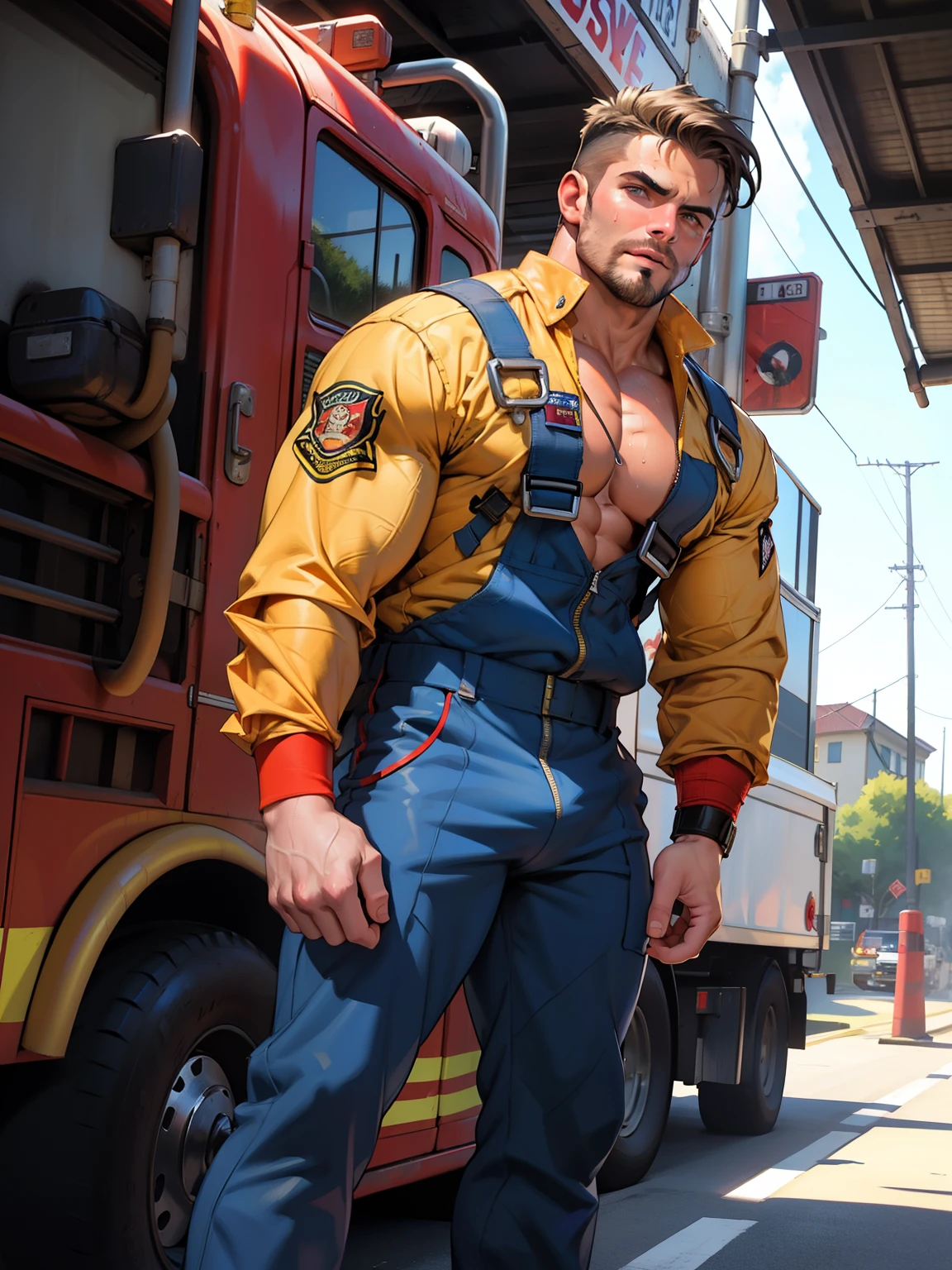masterpiece, best quality, face, natural eyes, 1man, macho man,, muscled and mature, stephen amell as a firefighter wearing totally unbuttoned firefighter overall, sweating, tight cloth showing his muscles and bulge , full body , background station , truck , equipment