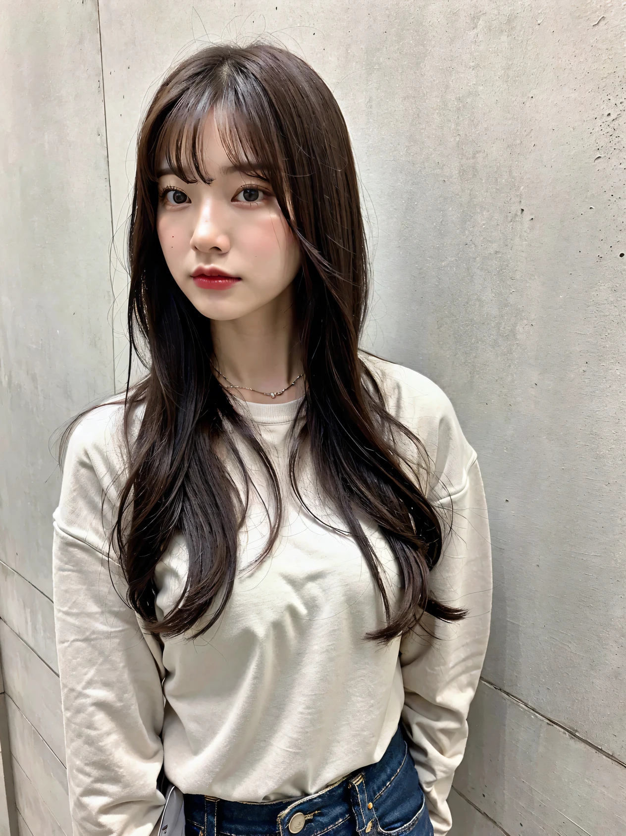 of the highest quality, 1 beautiful woman, age 28, S, 35mm lens, F/1, Cowboy Shot, Concrete background、Tile background、Perm Hair、Sweat Shirt、Dark brown