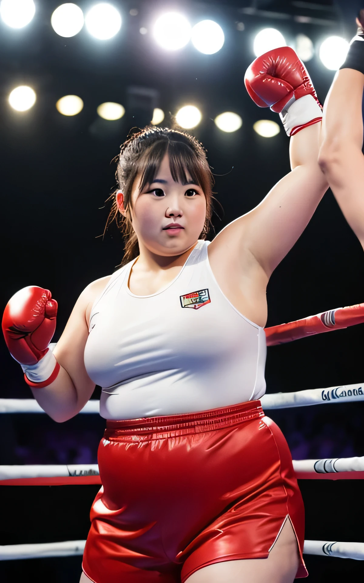 1 female、Overweight、Extremely fat、((chubby))、japanese, boxing, Boxling Wear_uniform, boxing ring,4k, High resolution, masterpiece, highest quality