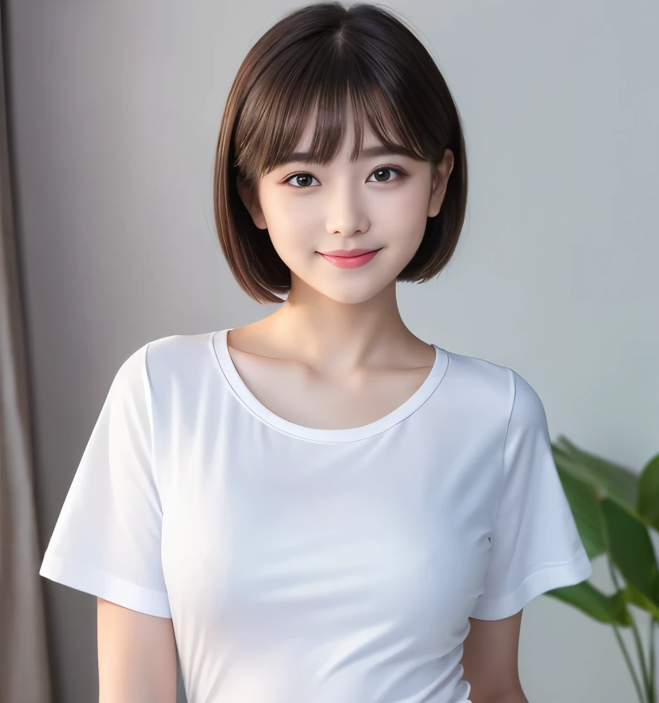 Best image quality、highest quality、masterpiece、Ultra-high resolution、8k、immature、Realistic:1.4、Professional Lighting、Cute school girl、Baby Face、Very short hair、thin、Moderate size chest cup bust、smile、Me in a tight white T-shirt、He's wearing navy blue training pants、Standing in the gymnasium、Full body photo:1.6