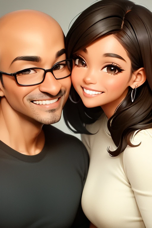 create a heterosexual couple holding hands smiling and looking forward the woman is white has long dark brown hair brown eyes the man is tall black bald dark brown eyes as if it were disney pixar