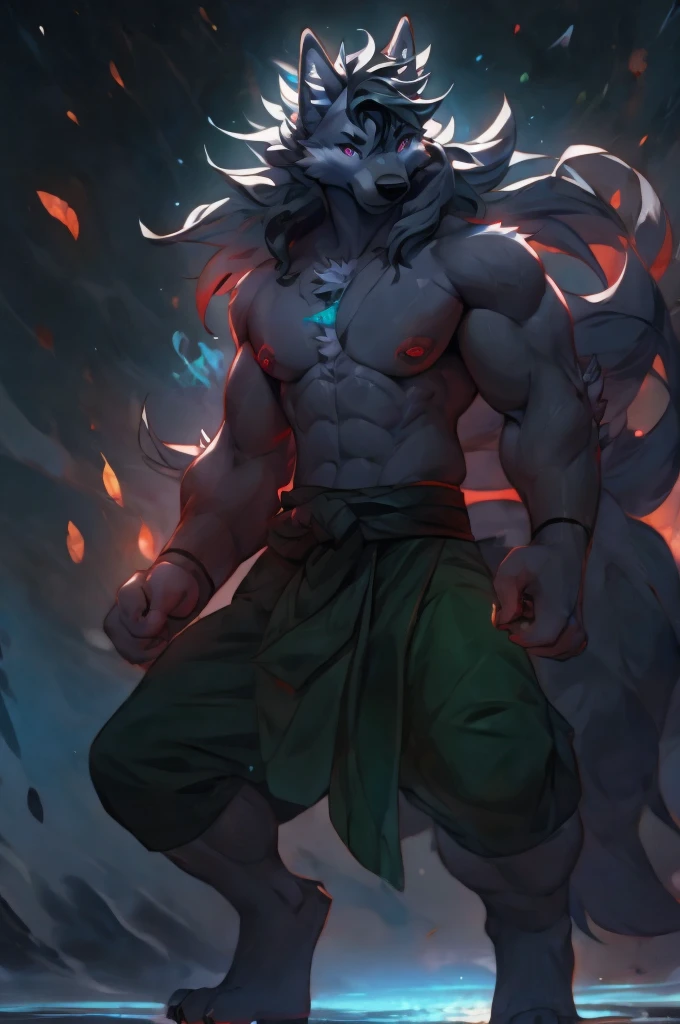 masterpiece，high quality，Ridiculous resolution，number\(artwork)\，By Dagasi，Yes，Seizan，（Fluffy hair，Gray hair，White hair，whole body毛发,).Boys，Gray Wolf，Red left eye，Green right eye，Black hair，Long hair，Bright Eyes，panoramic，character focus，Detailed background，whole body，Fighting Stance，Standing，Cold expression，The human body is structurally correct，Four fingers