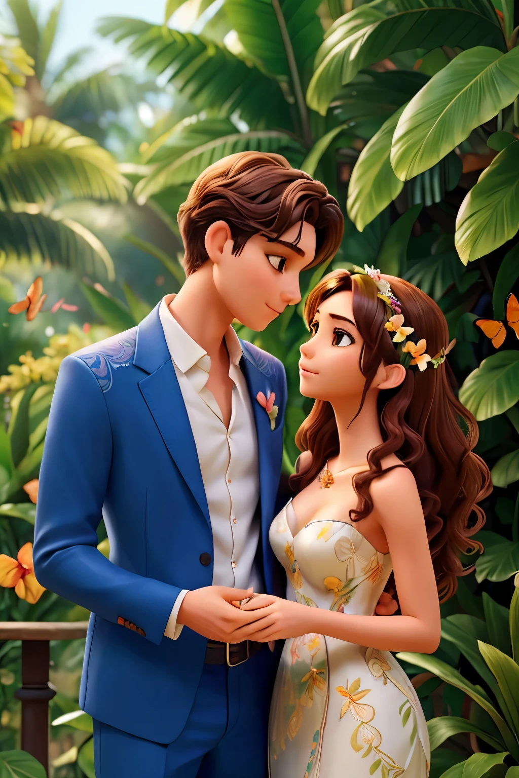 a beautiful young couple in a lush tropical garden, romantic summer date, detailed facial features, delicate skin, flowing hair, elegant dress and suit, warm lighting, colorful flowers, butterflies, dreamlike atmosphere, photorealistic, intricate details, vibrant colors, masterpiece, high quality