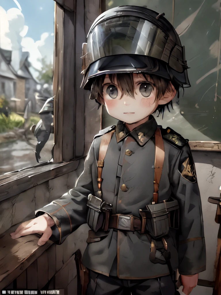 (masterpiece:1.2)SFW, shotacon art, anime art, 1boy, adorable, cute, shy expression, short messy hair, sparkling amber eyes, ((wearing gray SS military uniform)), ((black patches on uniform)), ((visor hat with eagle symbol on it)) ((gray SS military pants)), ((wearing long leather boots)), windy day, classroom, bright colors, soft lighting, warmth of spring, pastel tones, playful atmosphere, vibrant background, peaceful mood, delicate lines, nostalgic feel, subtle shading, exquisite craftsmanship, impressive attention to detail, meticulous workmanship, pure joy captured, artistic beauty, expressive characters, lively energy, perfect anatomy.