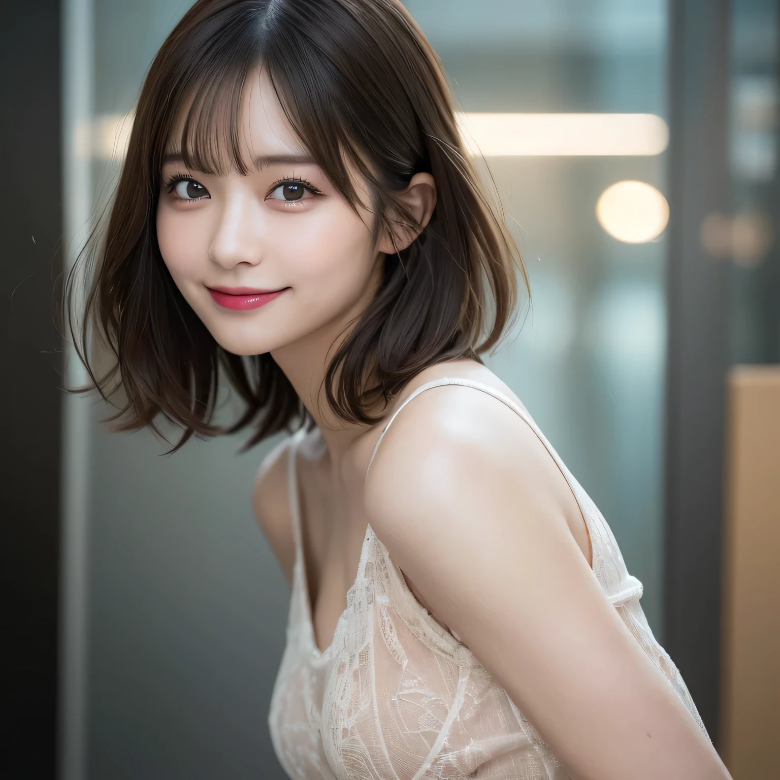 highest quality, shape, Very detailed, finely, High resolution, 8k wallpaper, Perfect dynamic shape, Finely beautiful eyes, Natural Lip, Random sexy poses,RAW Photos,cute,smile、Cabaret Dress、Short Hair、Bob