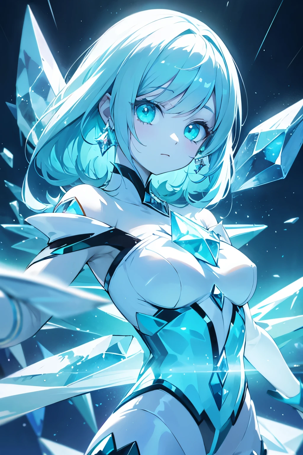 anime crystal woman, cyan hair, pale skin, crystals