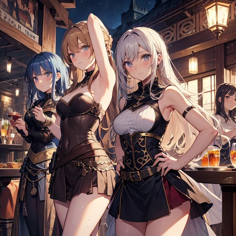 A group of  female medieval fantasy adventurers, (in tavern), various hair styles, harem, night, details face, short skirt, seducing, sleeveless, armor, sweaty armpits 