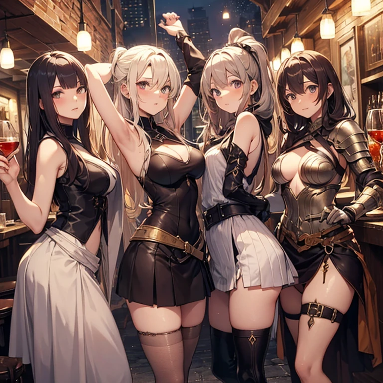 A group of female medieval fantasy adventurers, (in tavern), various hair styles, harem, night, details face, short skirt, seducing, sleeveless, armor, sweaty armpits
