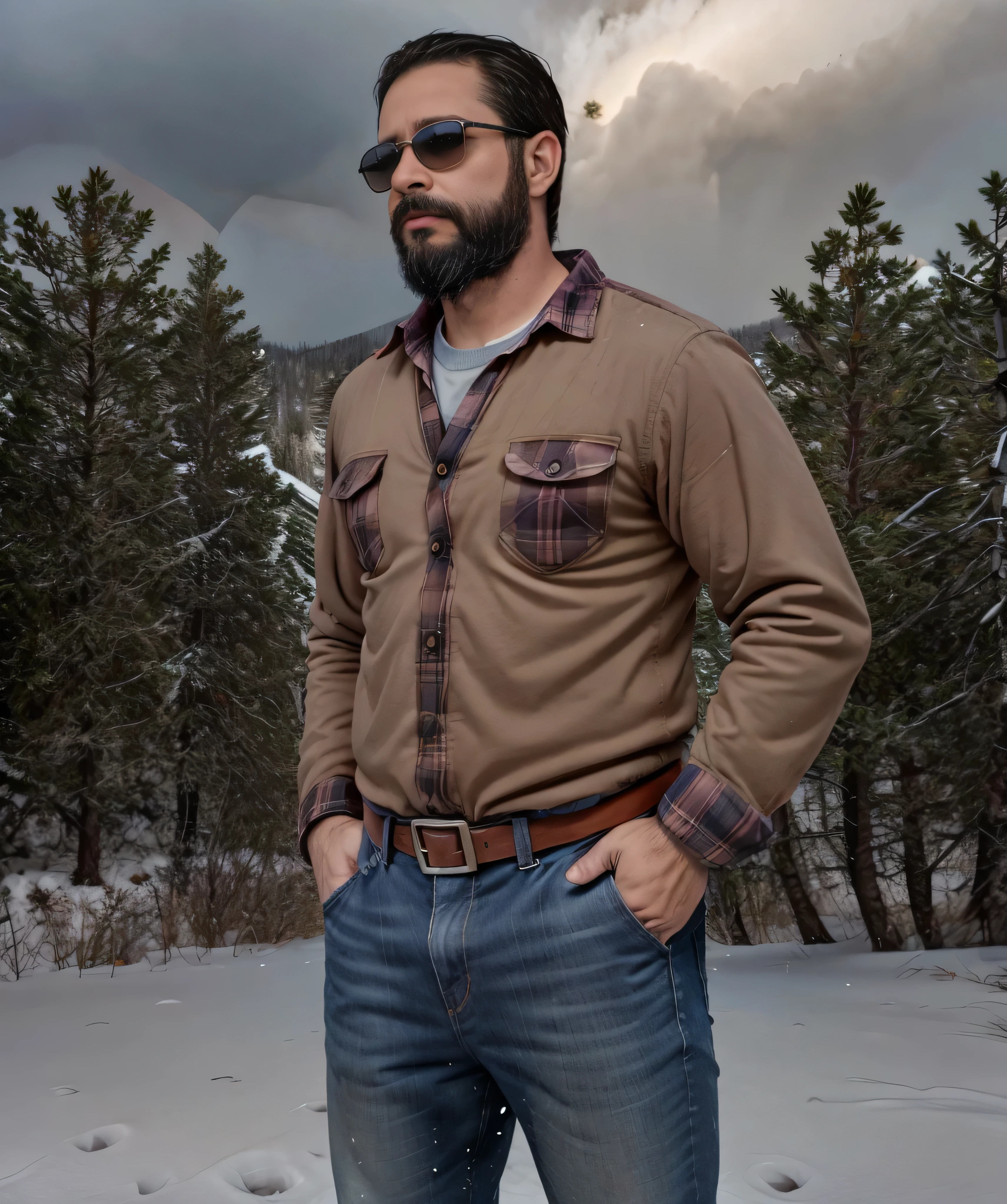Obra maestra, desenfoque de campo, Parte superior del cuerpo, Hands in pants pockets, 38 year old man with beard and square sunglasses.. Man wearing a plaid shirt in an action movie with a snow storm in the background.