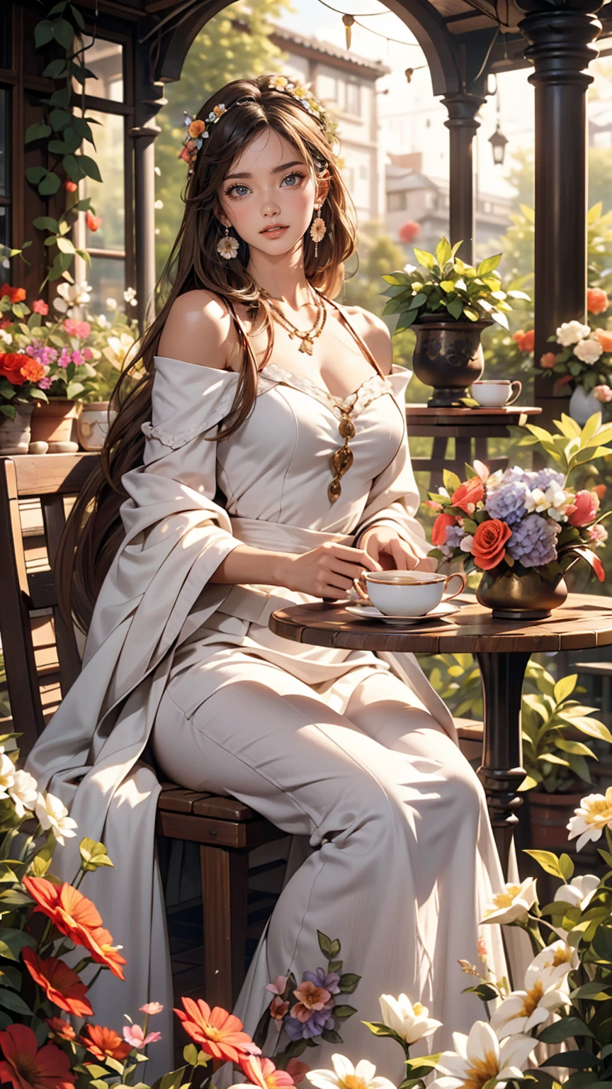 25-year-old Caucasian female、Wear an off-the-shoulder dress、smile、Nice proportions、In a garden full of colorful flowers、There is an arch decorated with flowers、Sit at a table and enjoy tea time