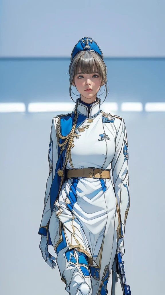 (((masterpiece,highest quality,In 8K,Super detailed,High resolution,anime style,absolutely))),(A female officer of the Earth Federation Forces is walking...:1.5),(alone:1.5), (Wearing the uniform of the Earth Federation Forces, White and blue military uniform:1.5),(federal employee wearing&#39;White hat:1.5),(Cute type of girl:1.4),(Detailed facial depiction:1.4),(beautiful hands:1.4),(fine hands:1.2),(wallpaper:1.5),(whole body:1.5),((overlook:1.5)), (( girl, clothing that fits)), (Inside the spaceship, Outside is a space), (((camel toe)))