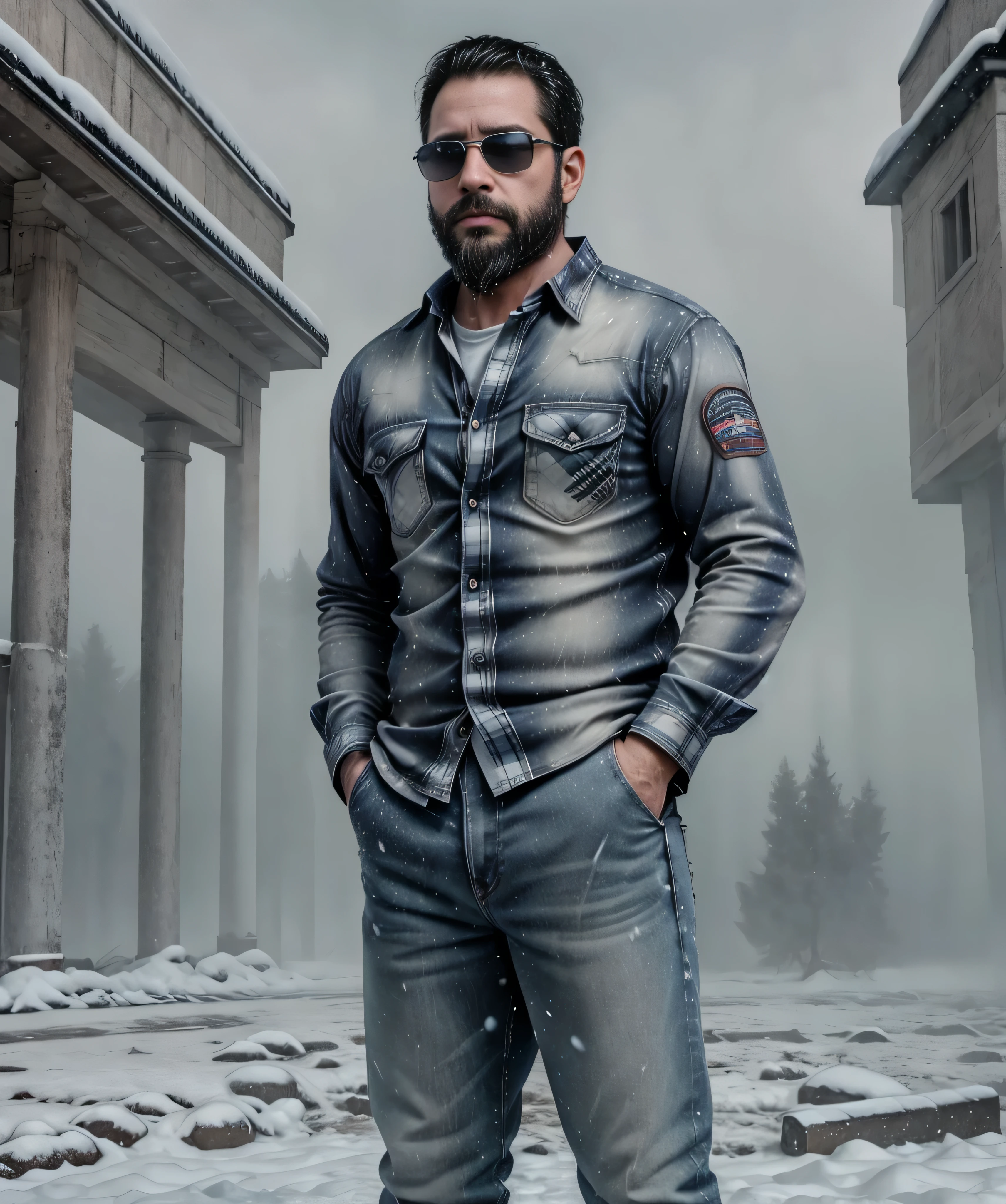 Obra maestra, desenfoque de campo, Parte superior del cuerpo, Hands in pants pockets, 38 year old man with beard and square sunglasses.. Man wearing a plaid shirt in an action movie with a snow storm in the background.