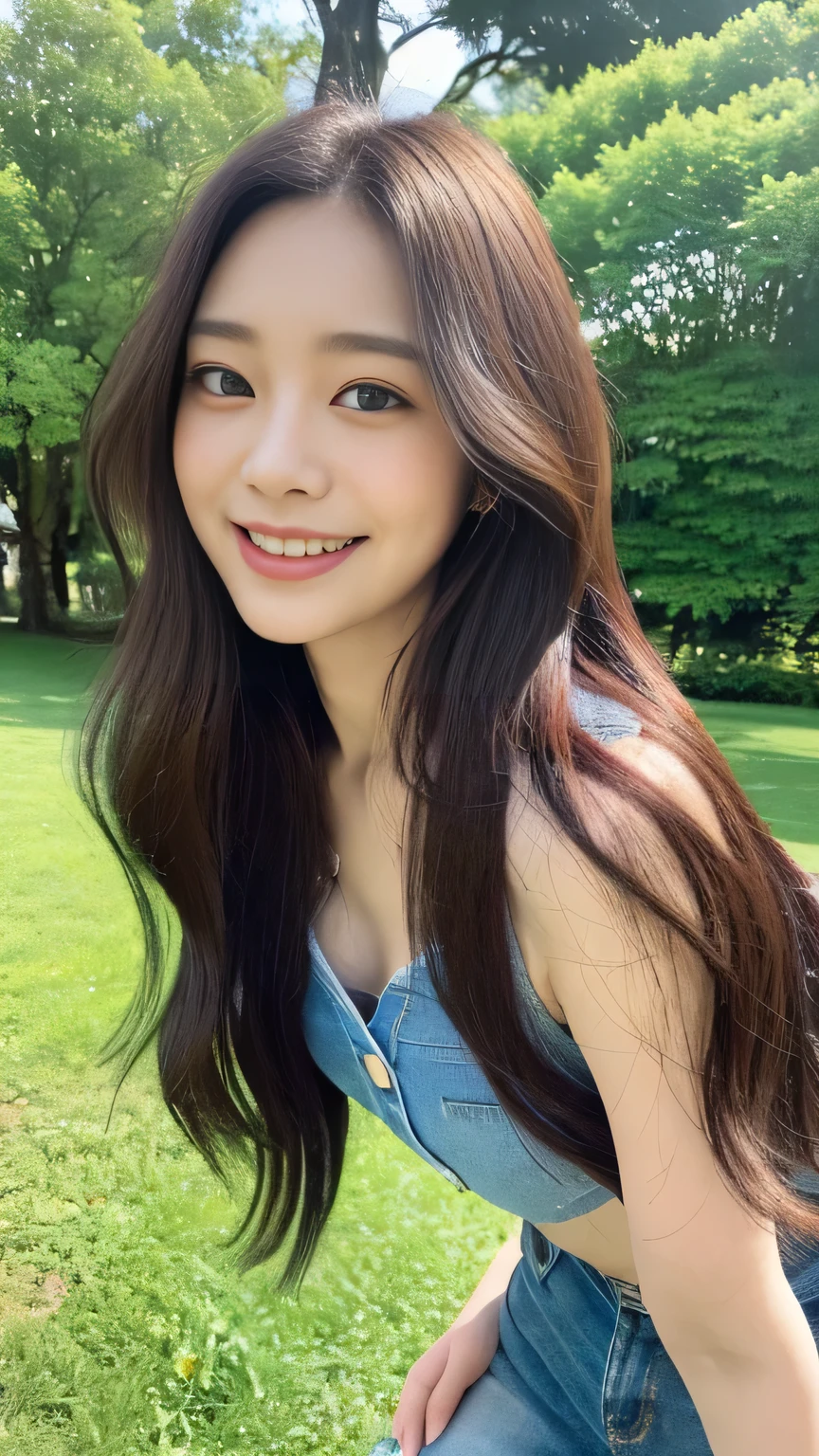 ((Full body angle:1.2)).((highest quality, 8K, masterpiece:1.4)), ((from below:1.2)).concentrated:1.2, Perfect body beauty:1.4, Hips:1.2, ((Delicate Hair)), (Colorful button-through crop shirt :1.1) , ((highest quality、8K、masterpiece:1.3))、1 Girl、A sloppy smile、Esbian all over、Slim face、Big 、Beautiful woman、(Dark Brown Hair)、Long Hair、1.1、Flickering Valley、Detailed eyes、double eyelid、Blurred Background、超Slim face、Smile、Looking down、Walking in the park、